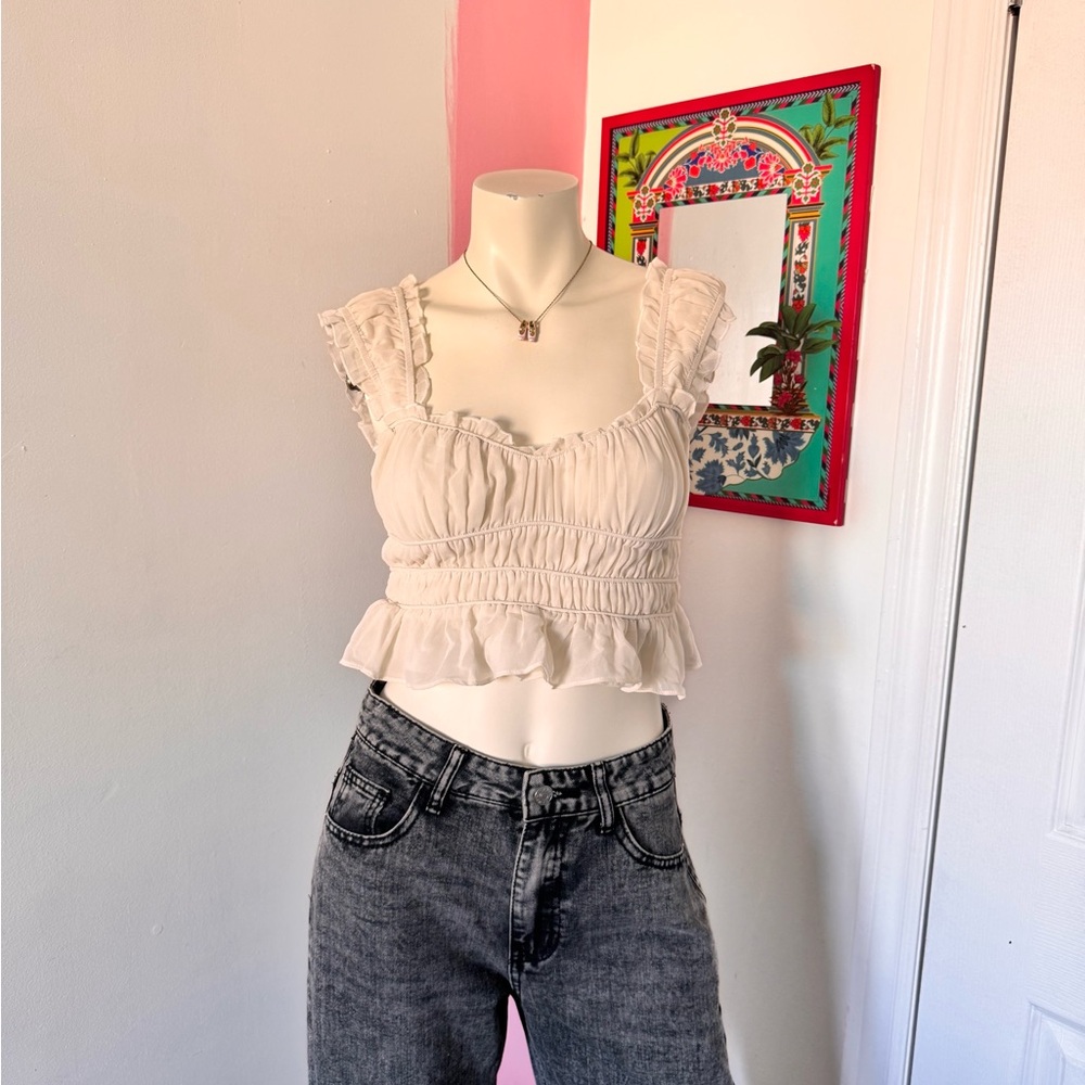 Cream Ruffled & Ruched Crop Top